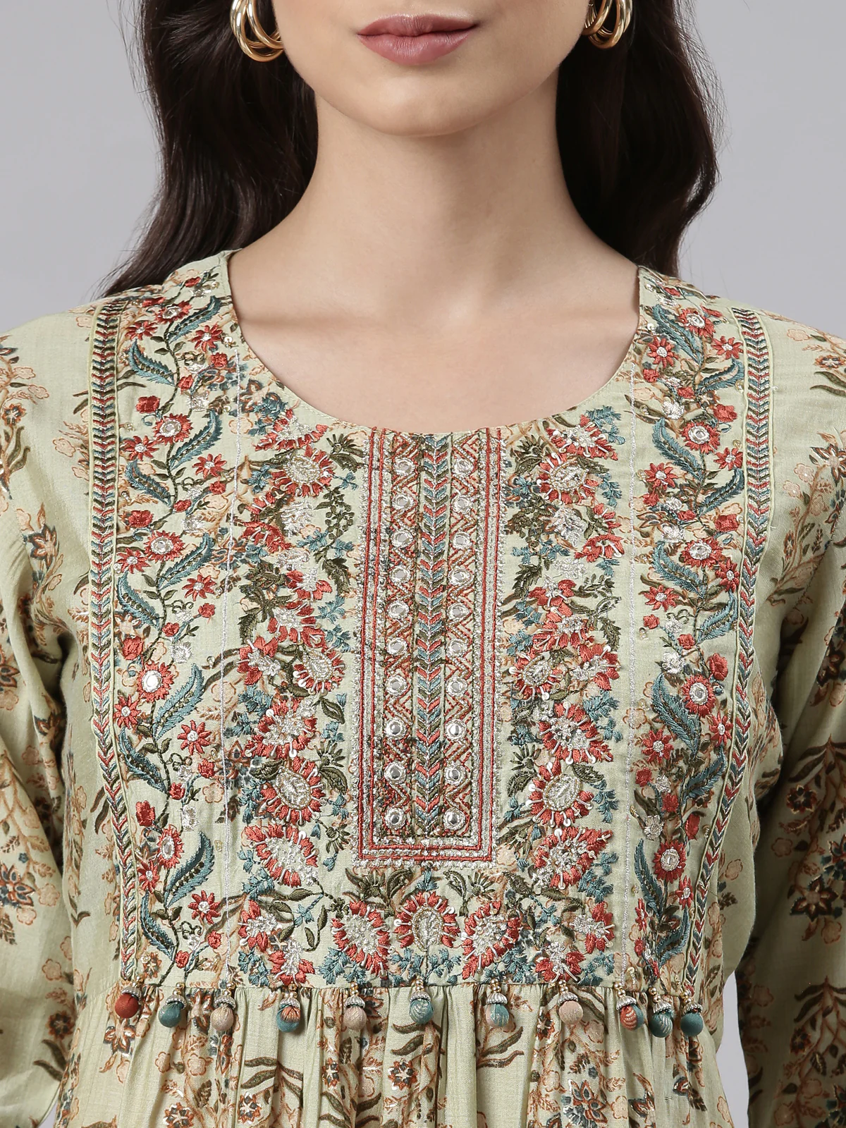Neerus Green Regular Calf Length Printed Kurta Printed Trousers With Dupatta - Image 4