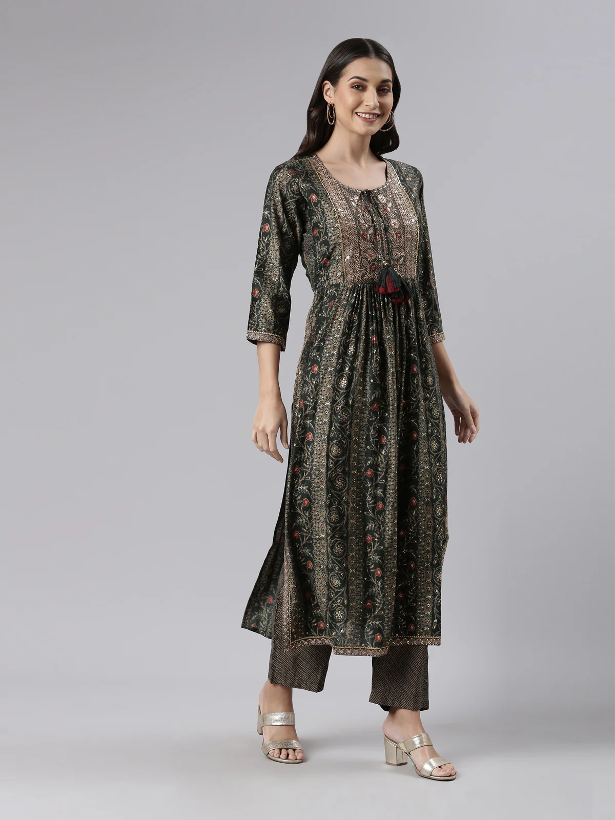Neerus Green Regular Calf Length Printed Kurta Printed Trousers With Dupatta - Image 2