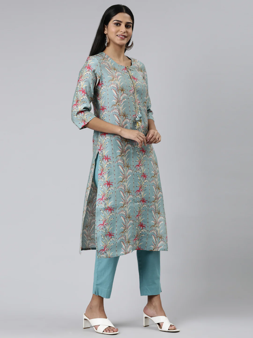 Neerus Green Regular Calf Length Printed Kurta Solid Trousers - Image 2