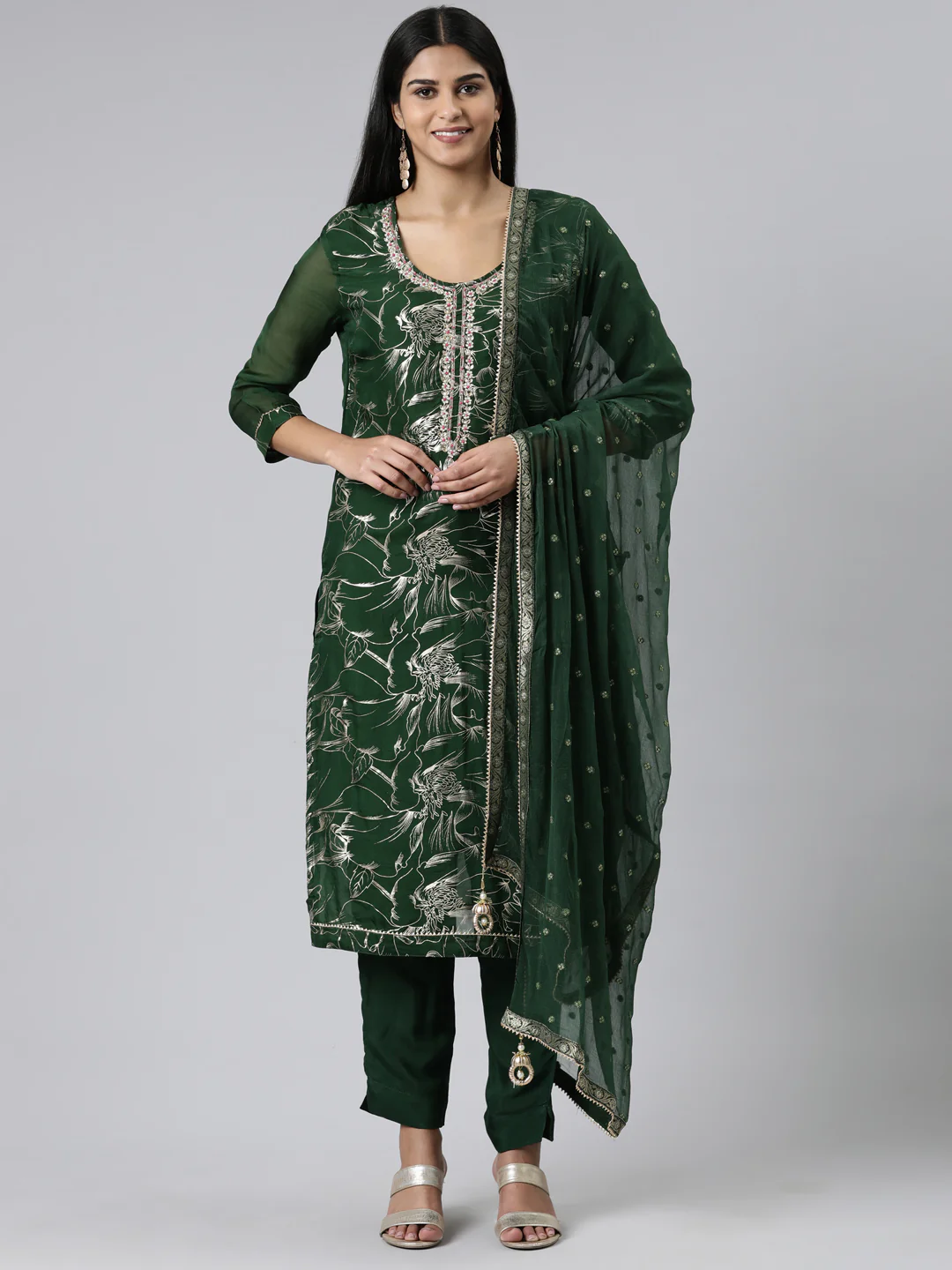 Neerus Green Regular Calf Length Printed Readymade suits