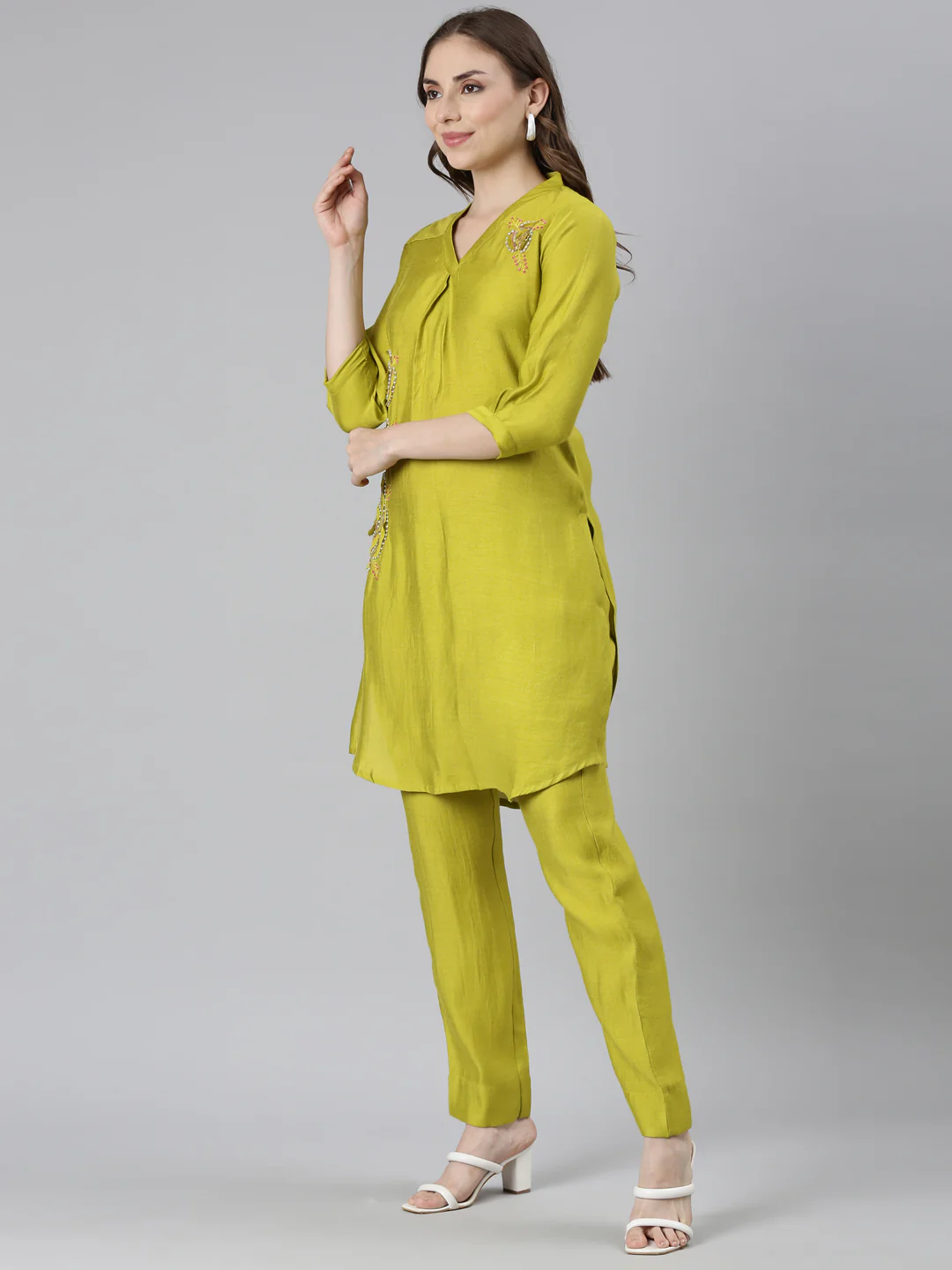 Neerus Green Regular Curved Solid Kurti and Trousers - Image 2