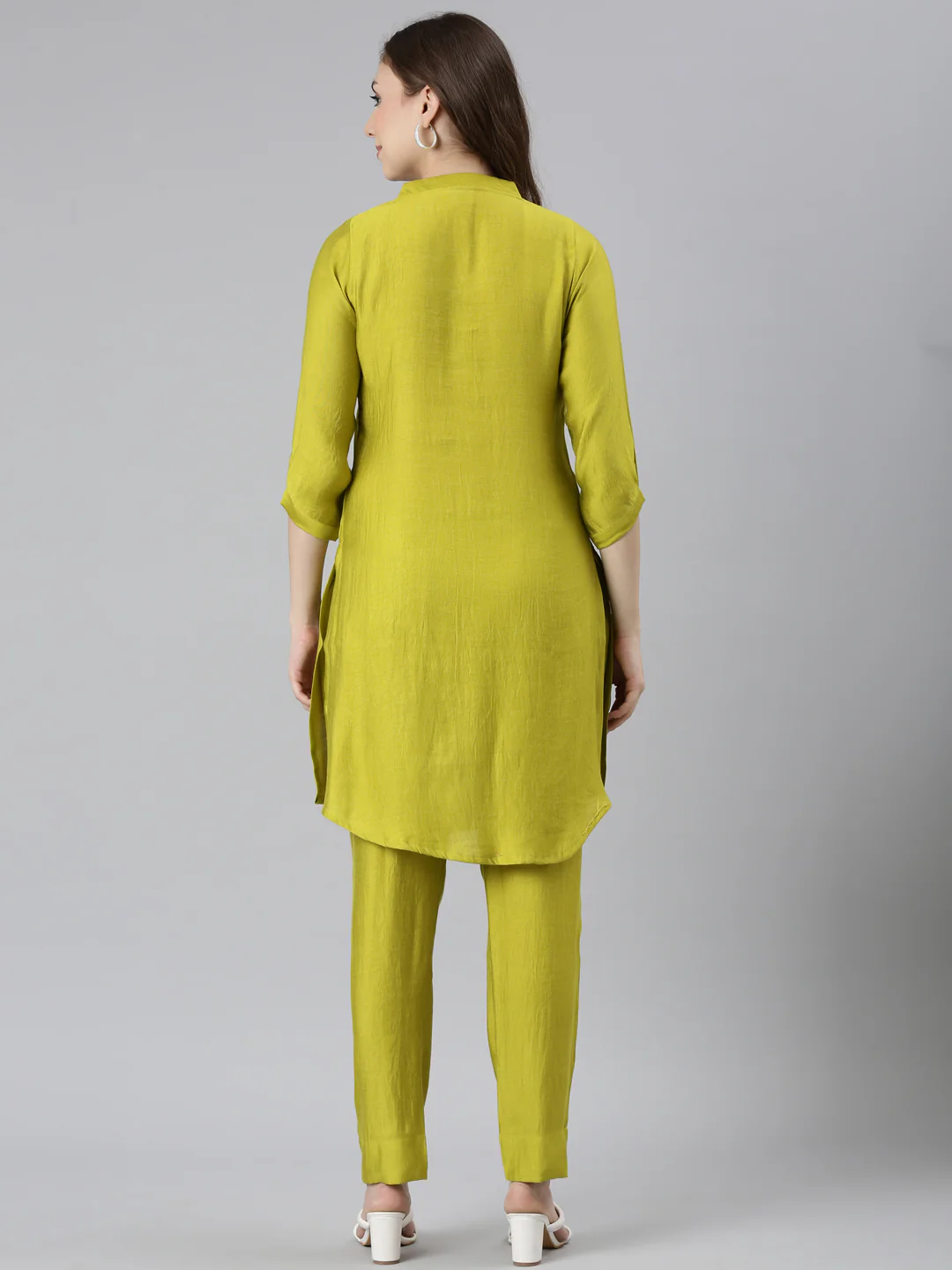 Neerus Green Regular Curved Solid Kurti and Trousers - Image 3