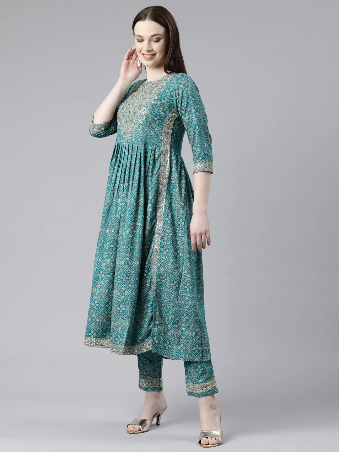 Neerus Green Regular Knee Length Printed Kurta Embroidered Trousers With Dupatta - Image 2