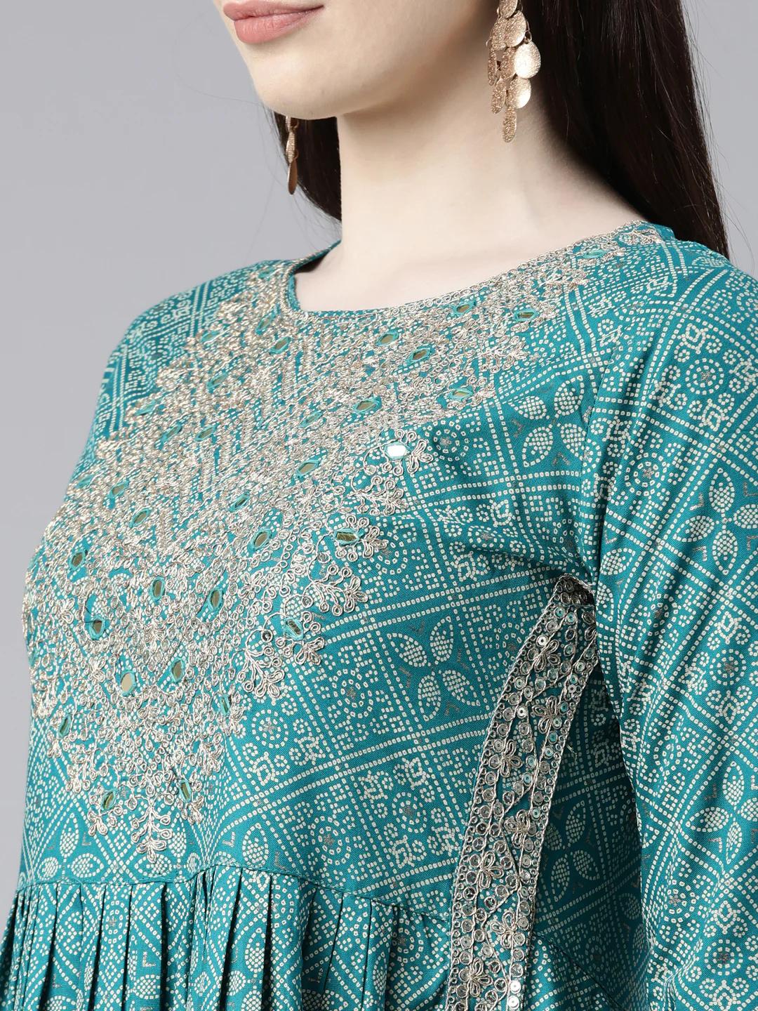 Neerus Green Regular Knee Length Printed Kurta Embroidered Trousers With Dupatta - Image 4