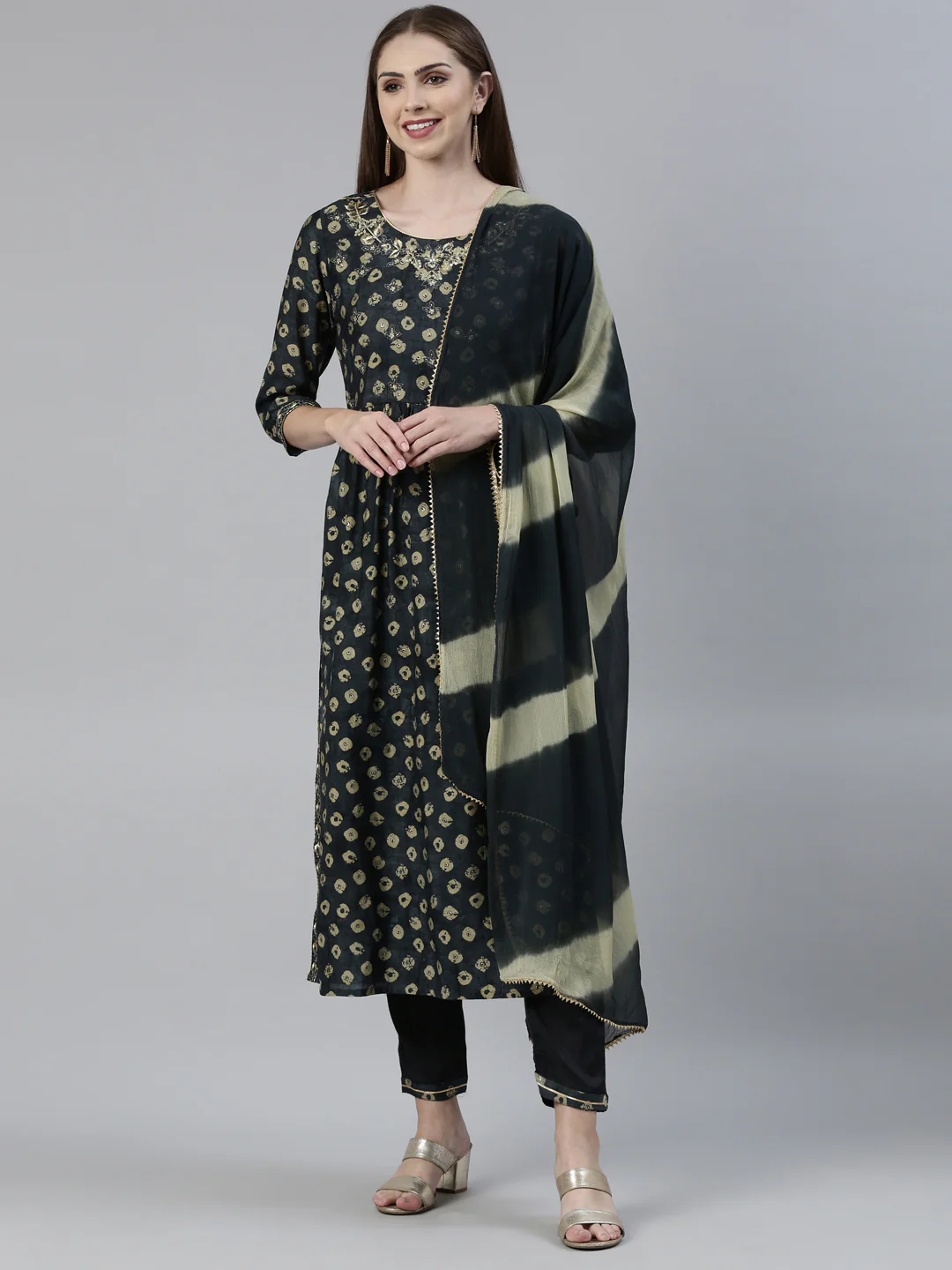 Neerus Green Regular Knee Length Printed Kurta Printed Trousers With Dupatta
