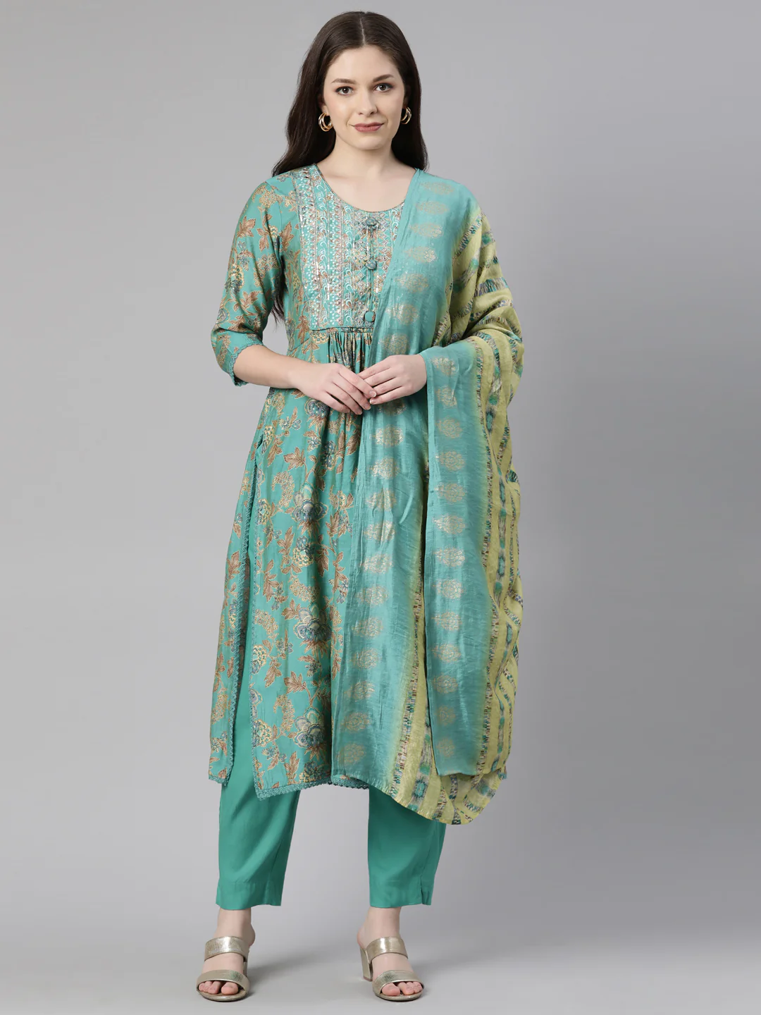 Neerus Green Regular Knee Length Printed Kurta Solid Trousers With Dupatta