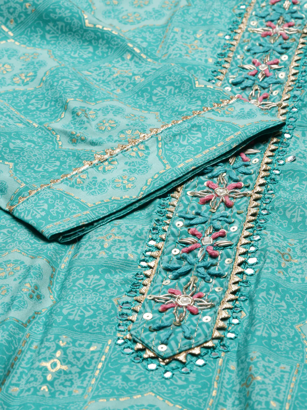 Neerus Green Regular Knee Length Printed Kurta Solid Trousers With Dupatta - Image 5