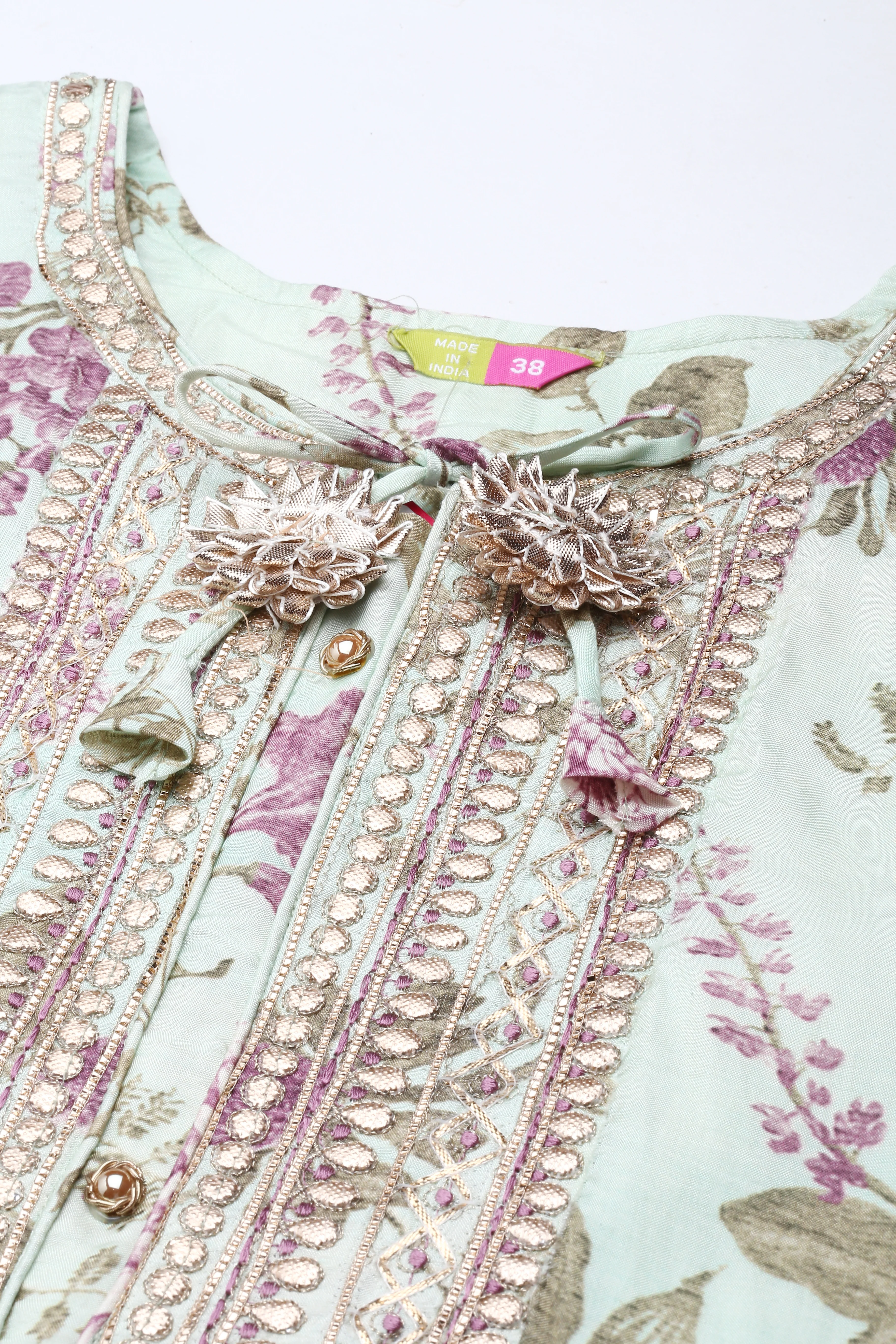 Neerus Green Regular Knee Length Printed Kurta Solid Trousers With Dupatta - Image 5