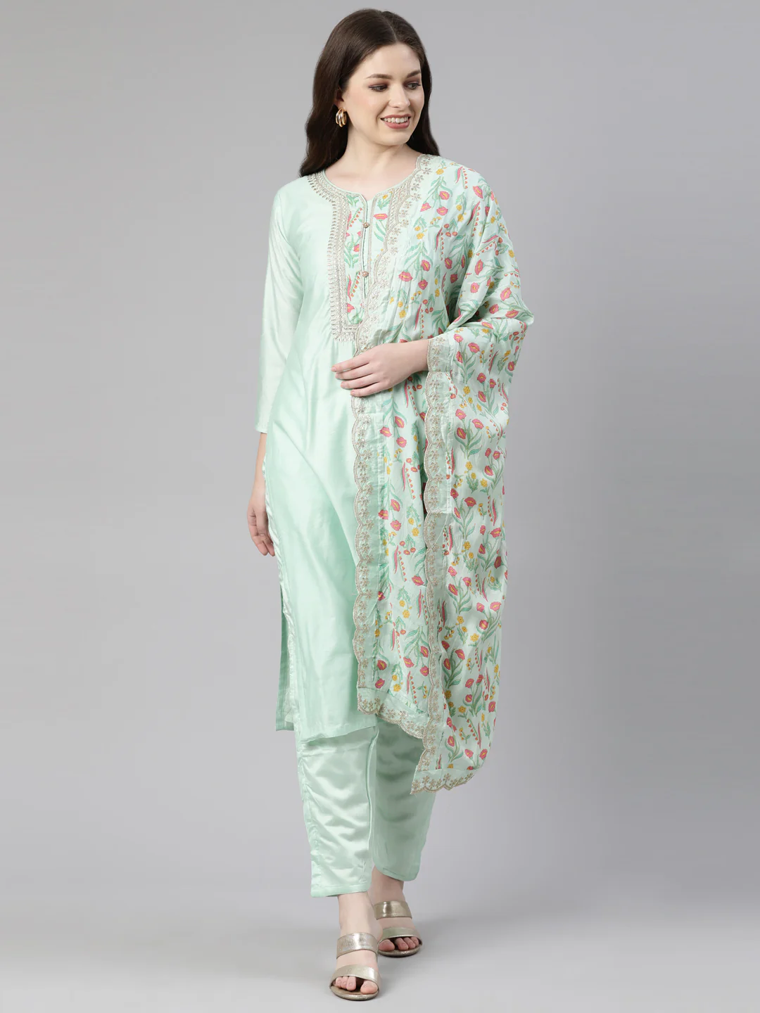 Neerus Green Regular Knee Length Solid Kurta Solid Trousers With Dupatta