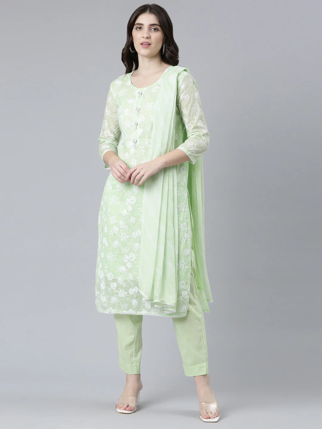 Neerus Green Regular Straight Embroidered Kurta And Trousers With Dupatta