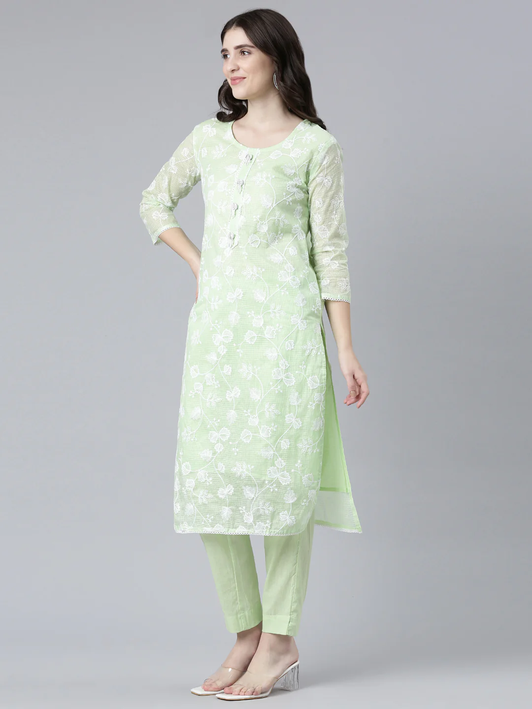 Neerus Green Regular Straight Embroidered Kurta And Trousers With Dupatta - Image 2