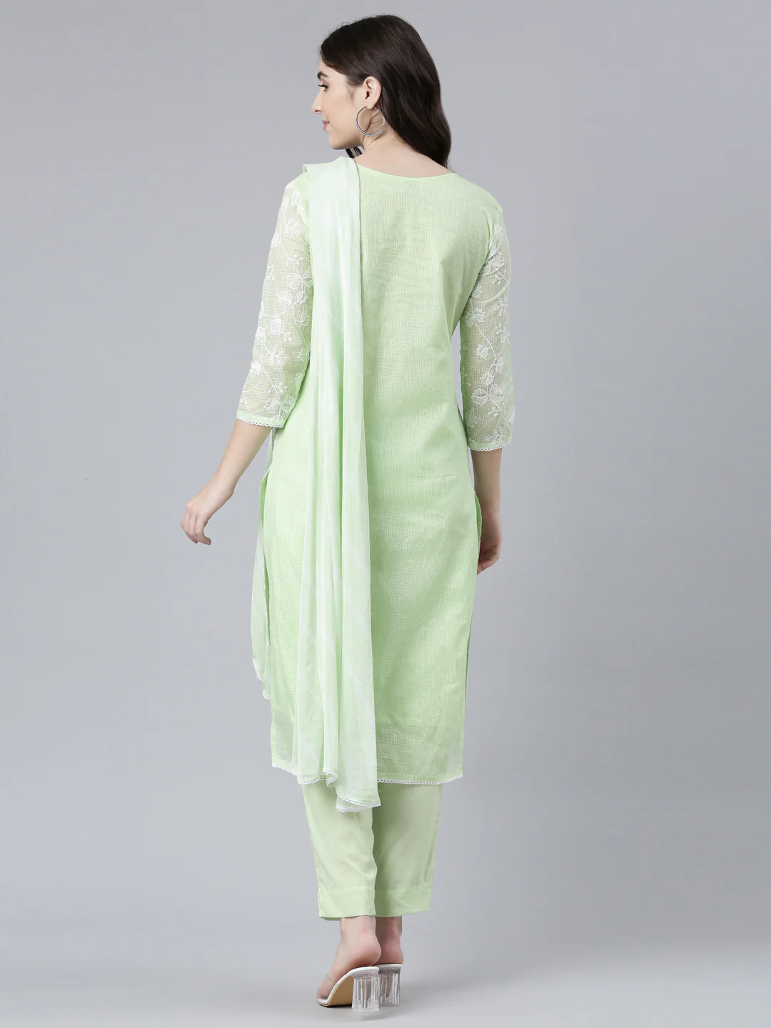 Neerus Green Regular Straight Embroidered Kurta And Trousers With Dupatta - Image 3