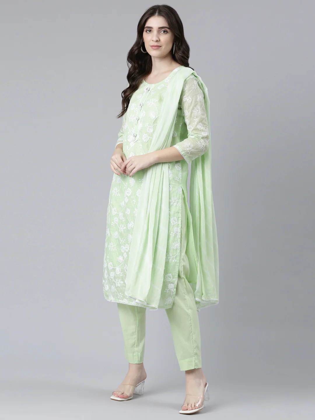 Neerus Green Regular Straight Embroidered Kurta And Trousers With Dupatta - Image 5