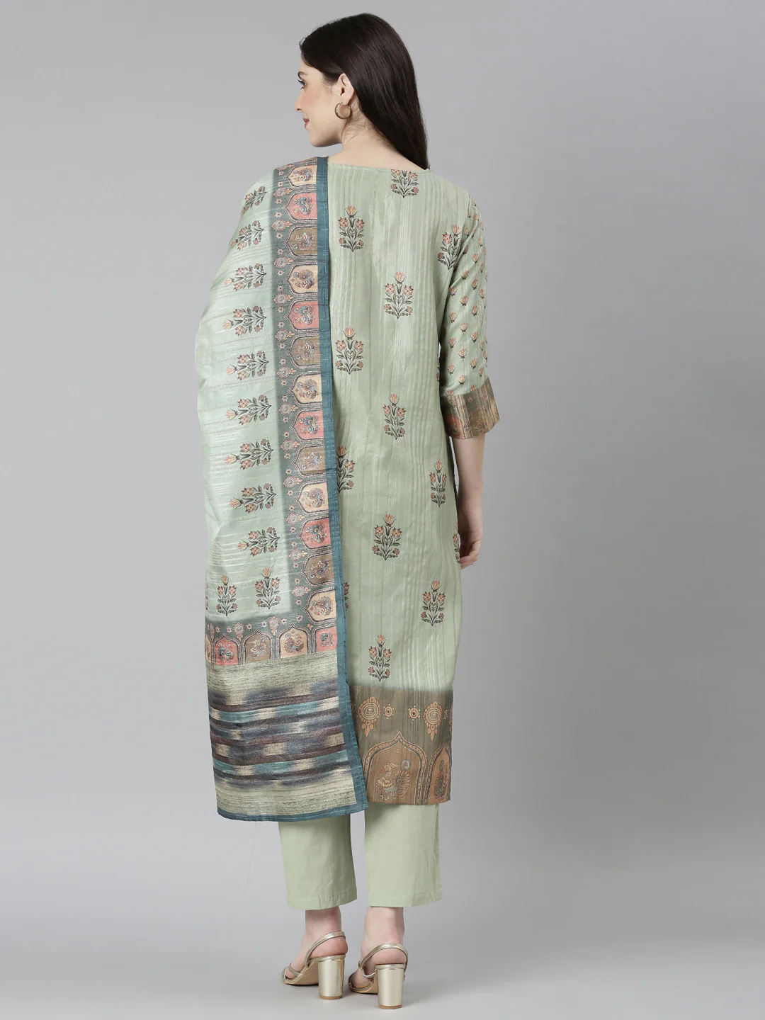 Neerus Green Regular Straight Floral Kurta And Trousers With Dupatta - Image 3