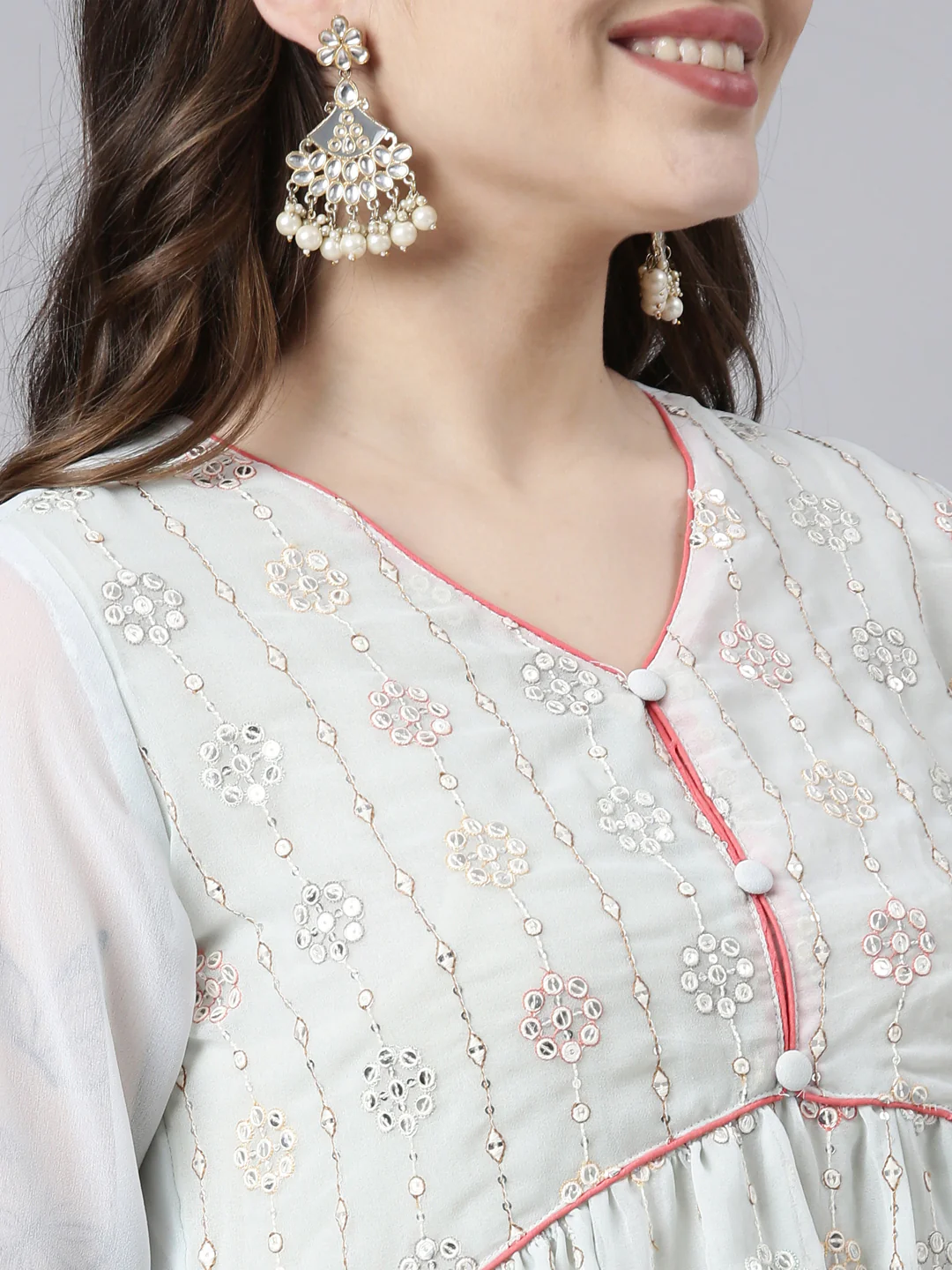 Neerus Green Regular Straight Floral Kurta And Trousers With Dupatta - Image 4
