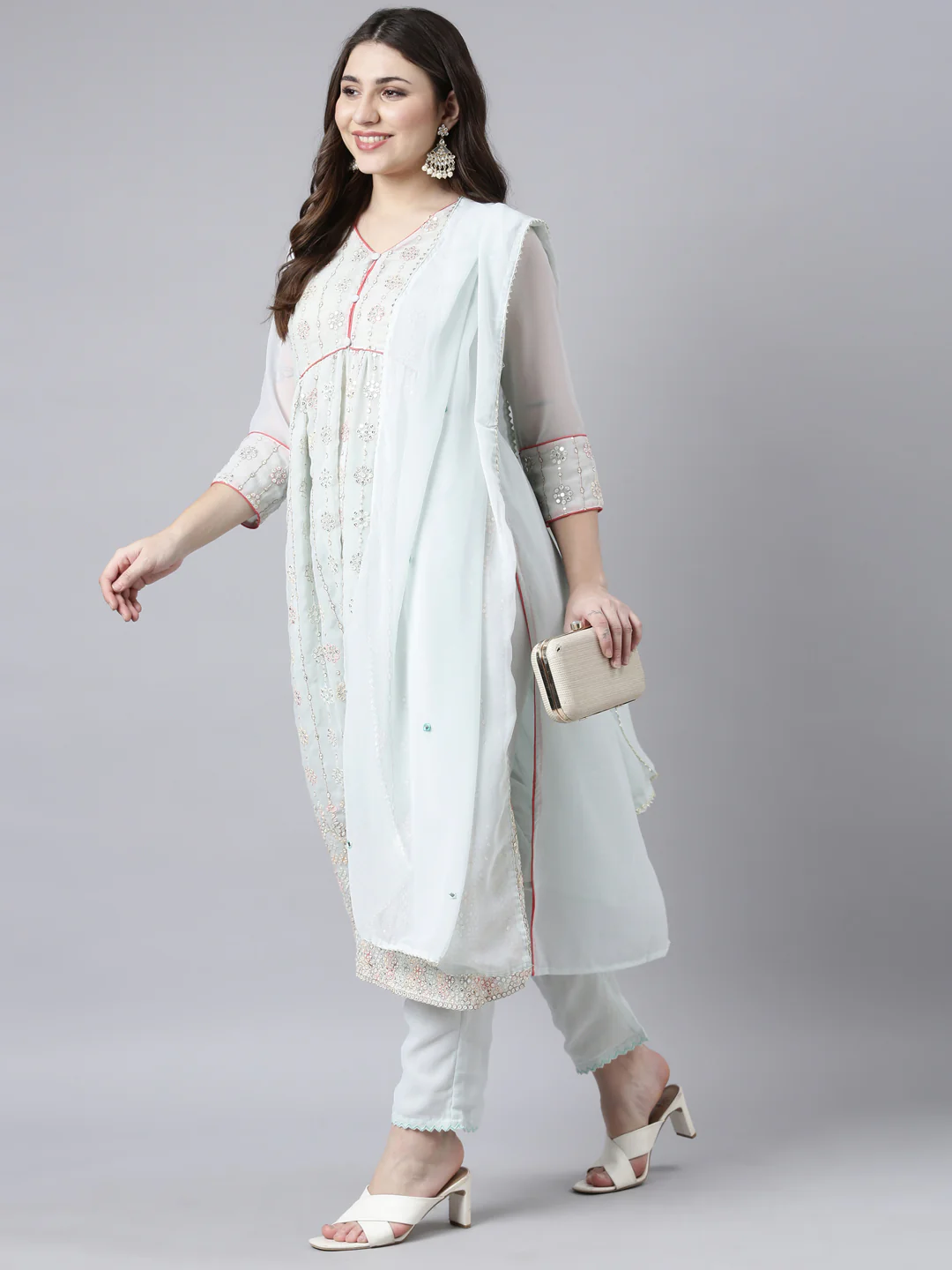 Neerus Green Regular Straight Floral Kurta And Trousers With Dupatta - Image 5