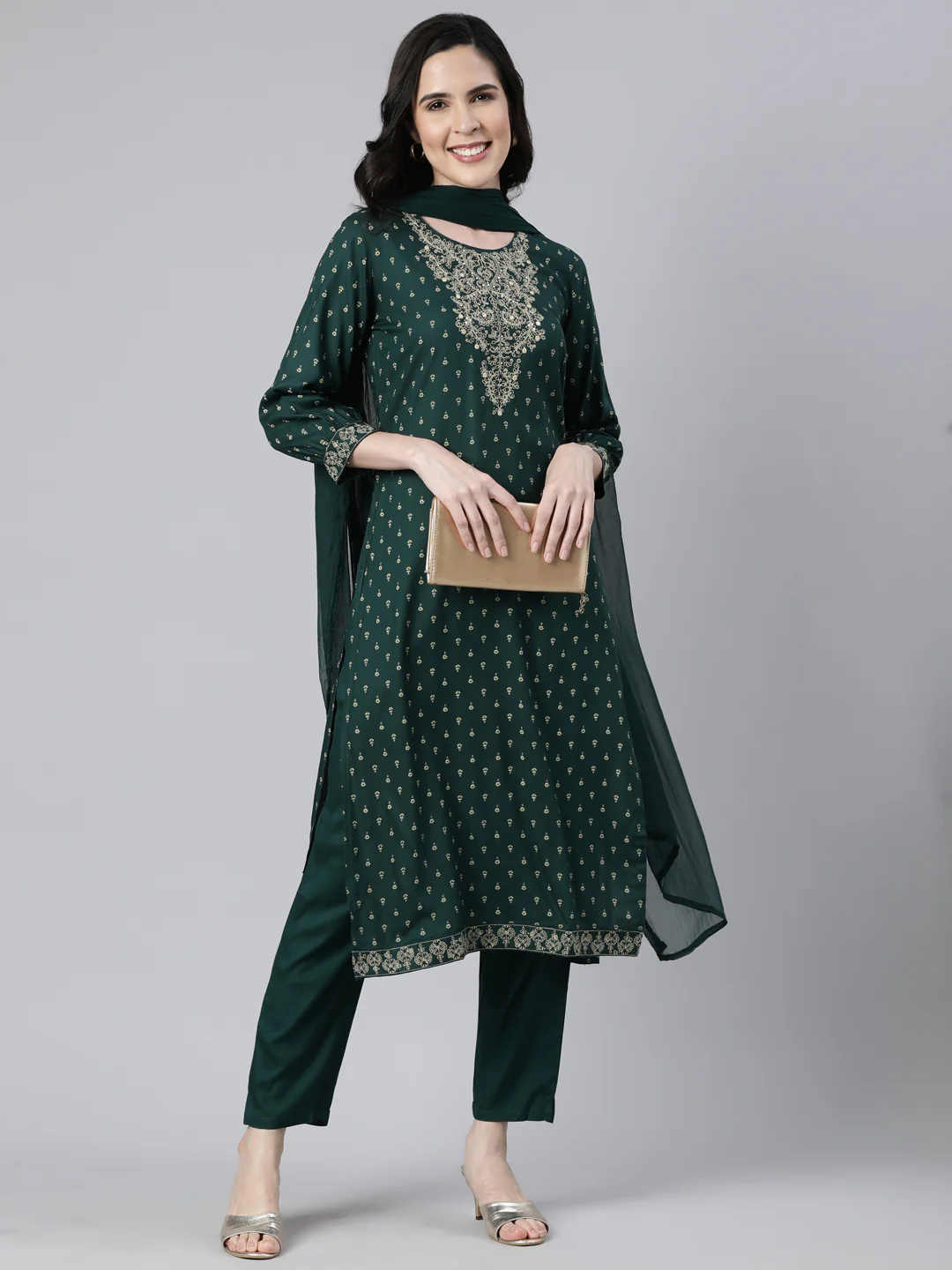 Neerus Green Regular Straight Floral Kurta And  Trousers With Dupatta - Image 5