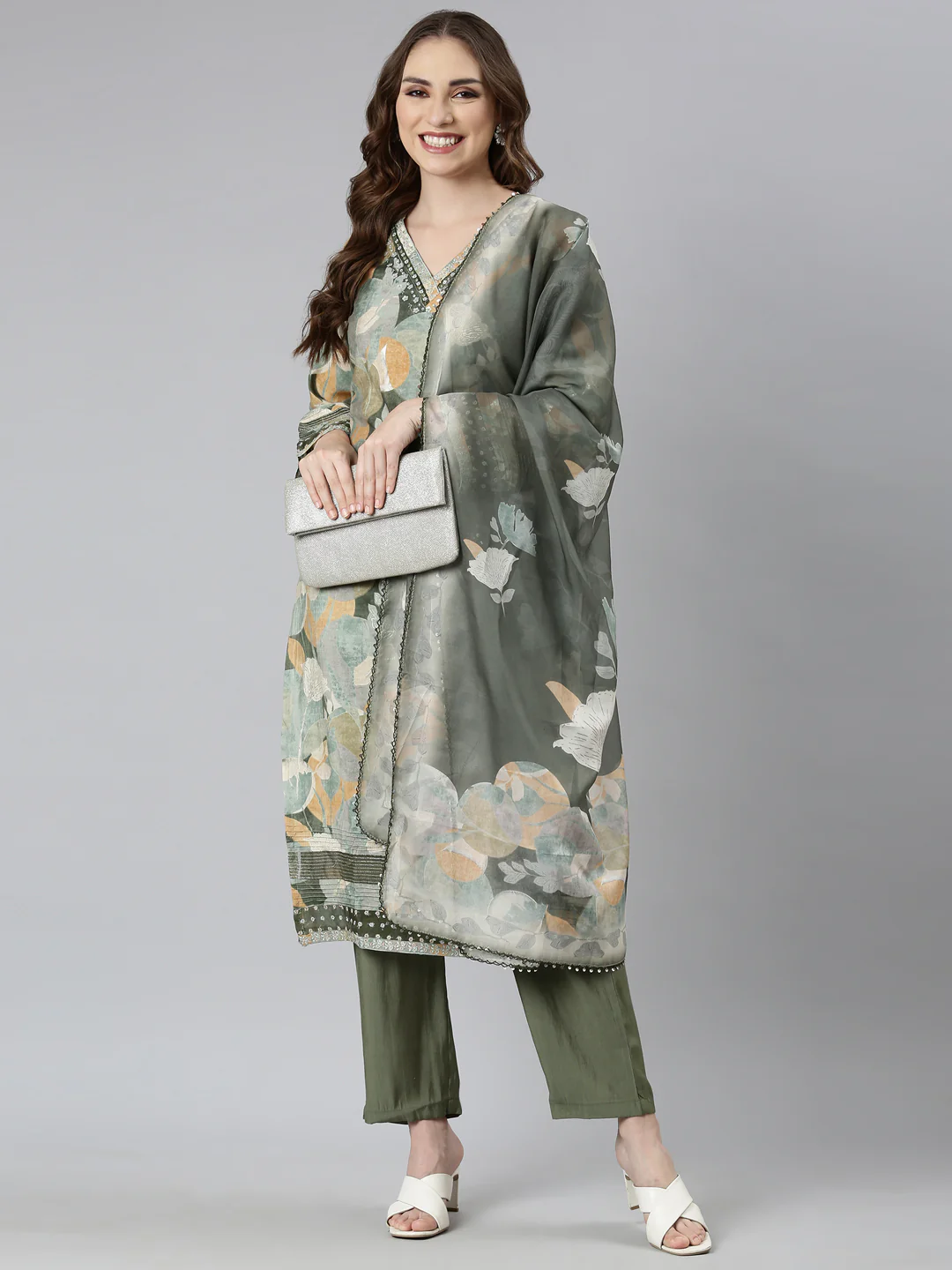 Neerus Green Regular Straight Floral Kurta And  Trousers With Dupatta - Image 5