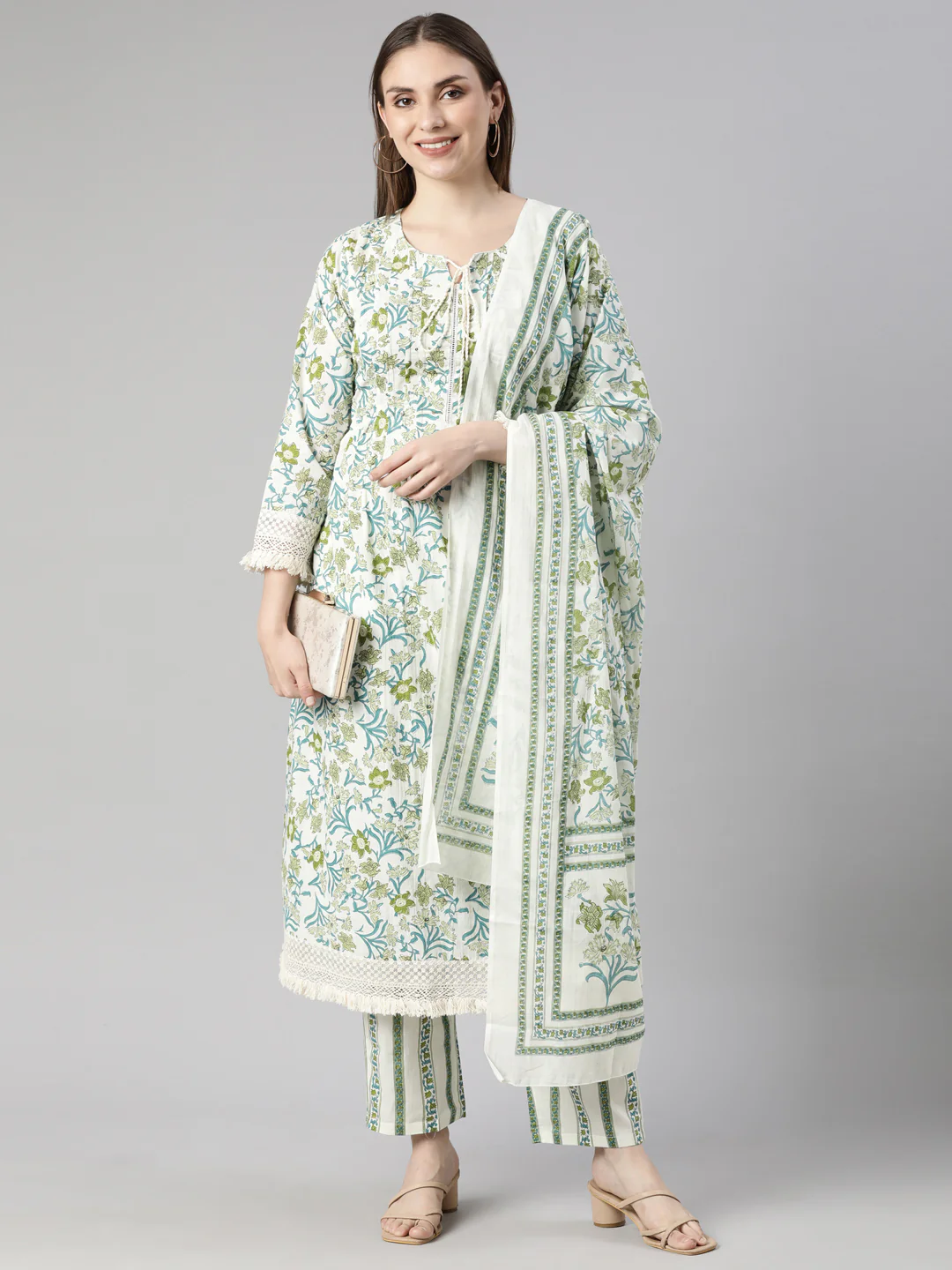 Neerus Green Regular Straight Floral Kurta And  Trousers With Dupatta - Image 4