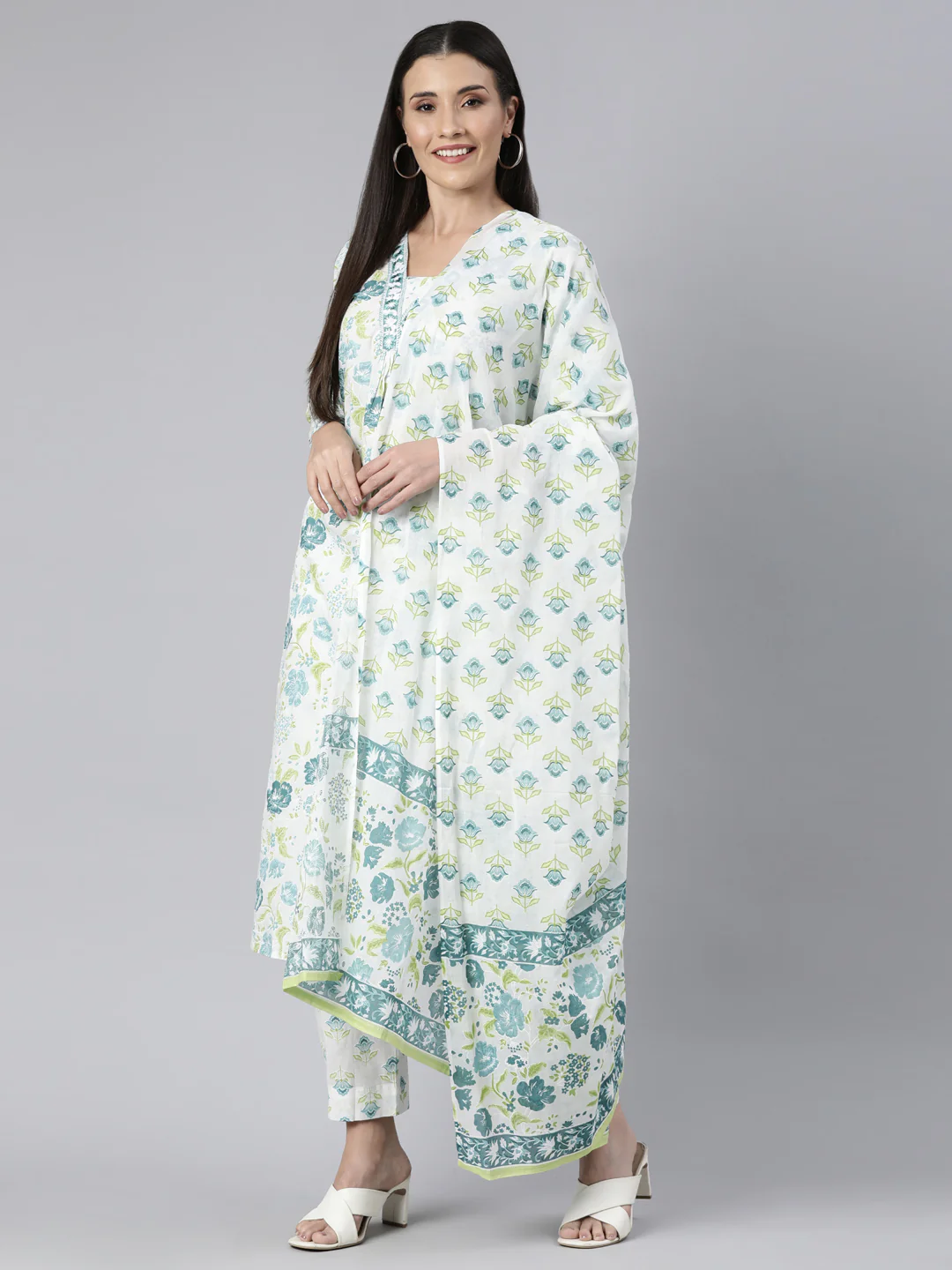 Neerus Green Regular Straight Floral Kurta And  Trousers With Dupatta - Image 5