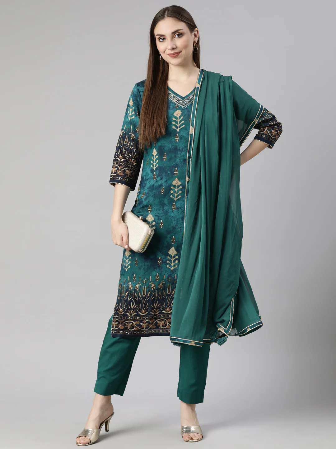Neerus Green Regular Straight Floral Kurta And  Trousers With Dupatta - Image 4
