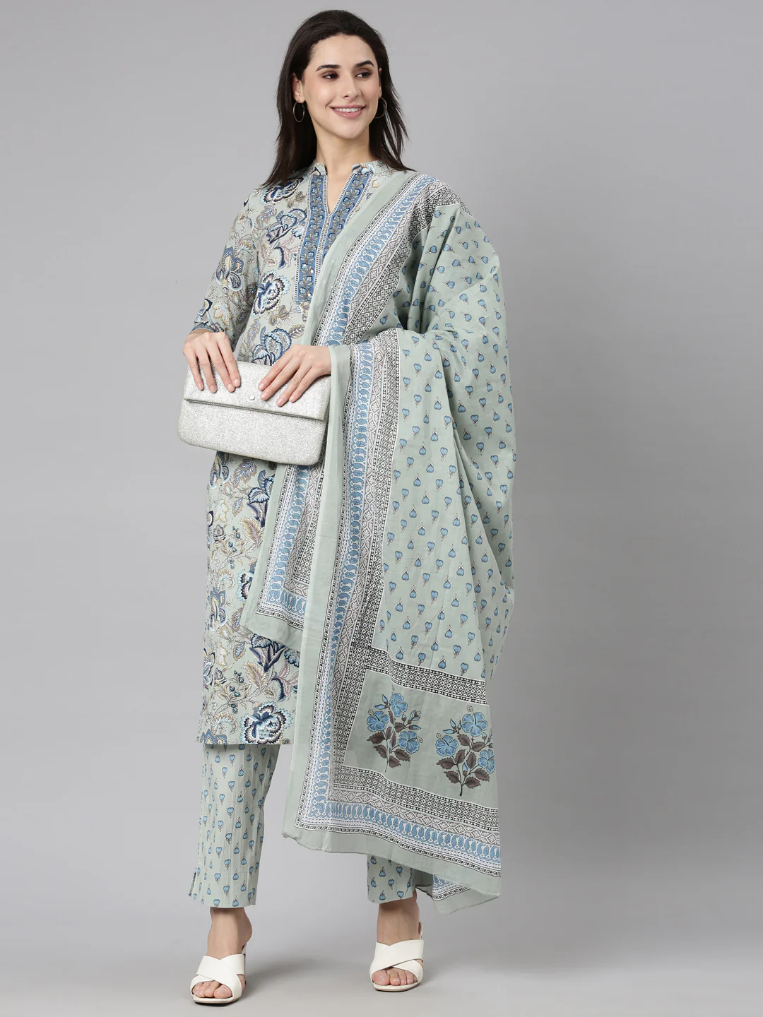 Neerus Green Regular Straight Floral Kurta And  Trousers With Dupatta - Image 5