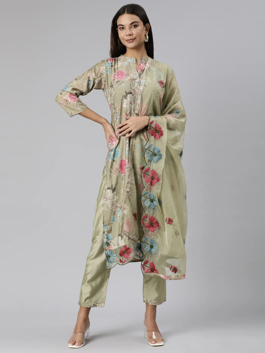 Neerus Green Regular Straight Floral Kurta And Trousers With Dupatta - Image 5