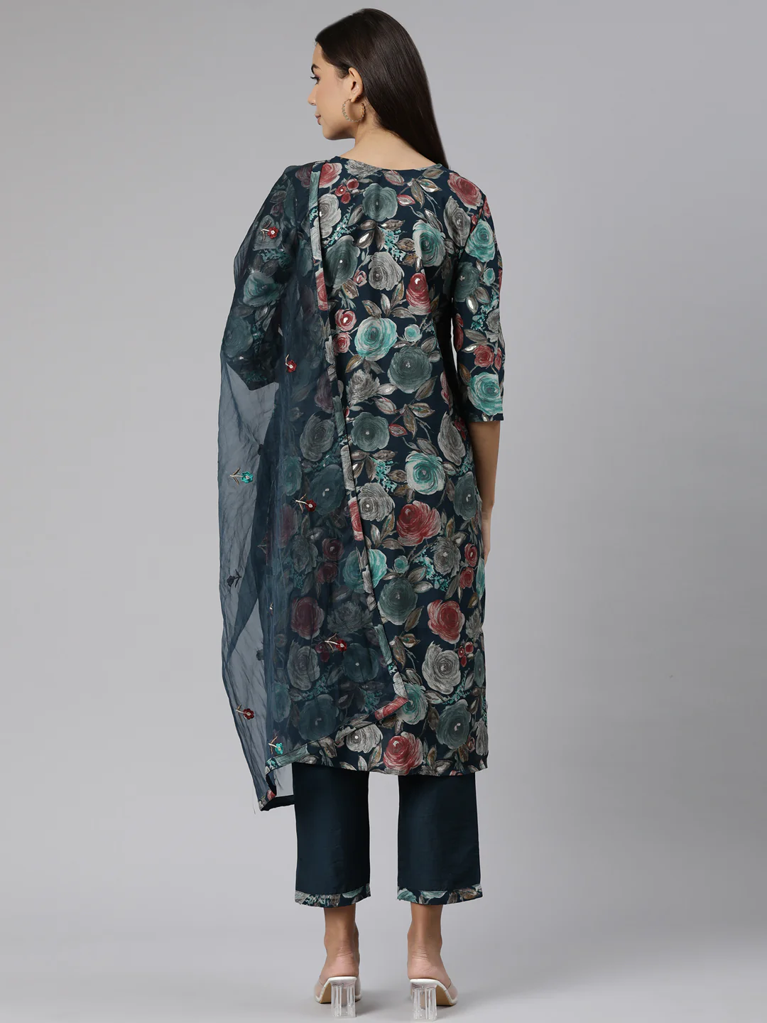 Neerus Green Regular Straight Floral Kurta And Trousers With Dupatta - Image 3