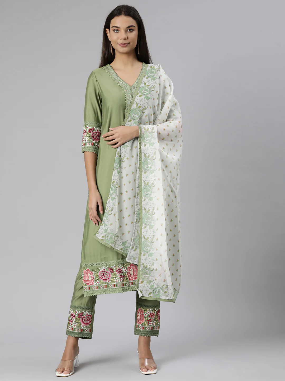 Neerus Green Regular Straight Floral Kurta And Trousers With Dupatta