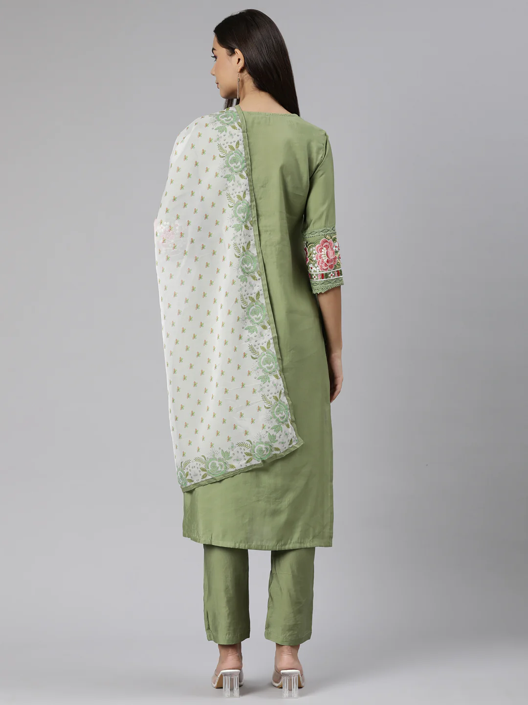 Neerus Green Regular Straight Floral Kurta And Trousers With Dupatta - Image 3
