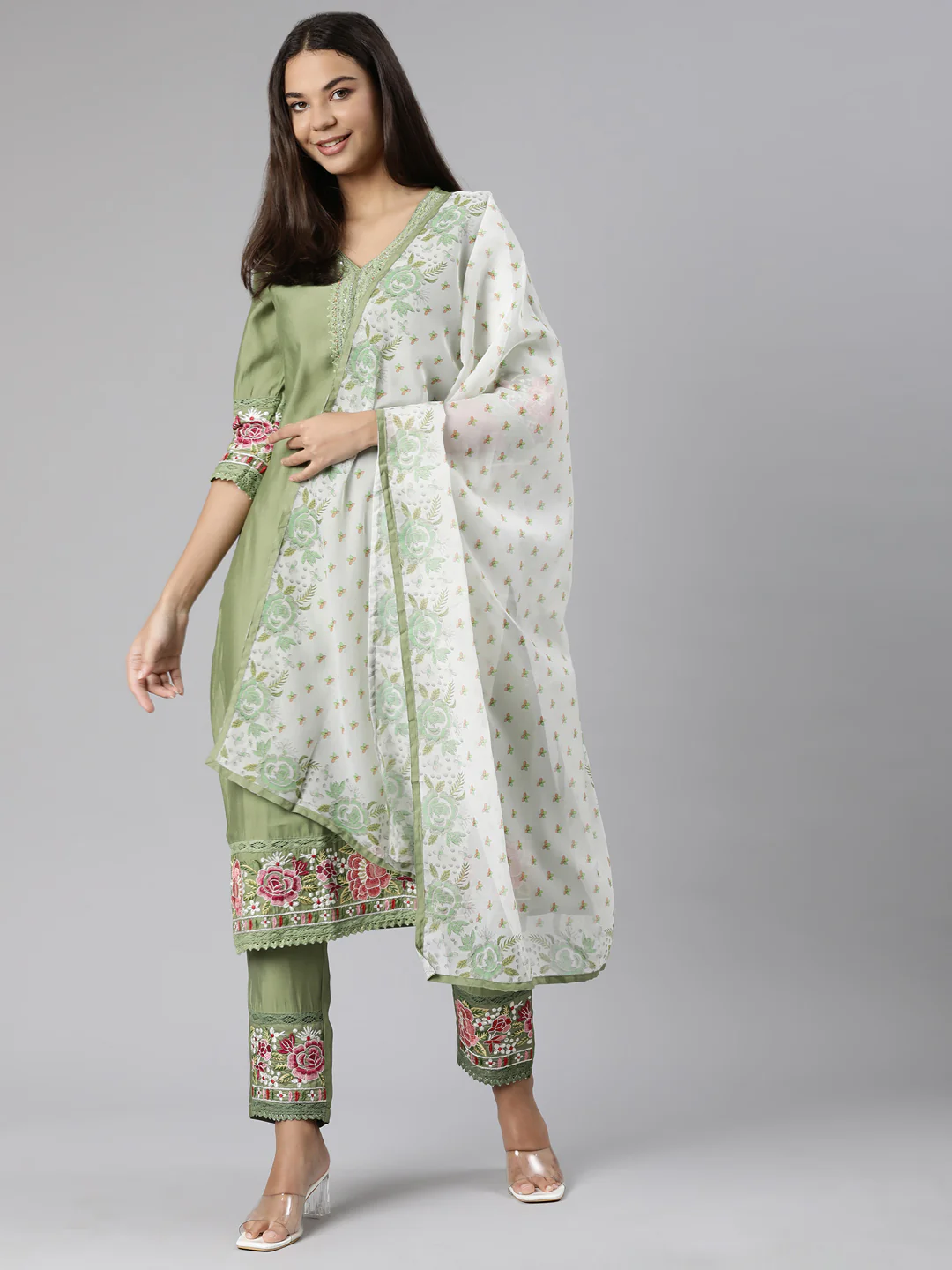 Neerus Green Regular Straight Floral Kurta And Trousers With Dupatta - Image 5