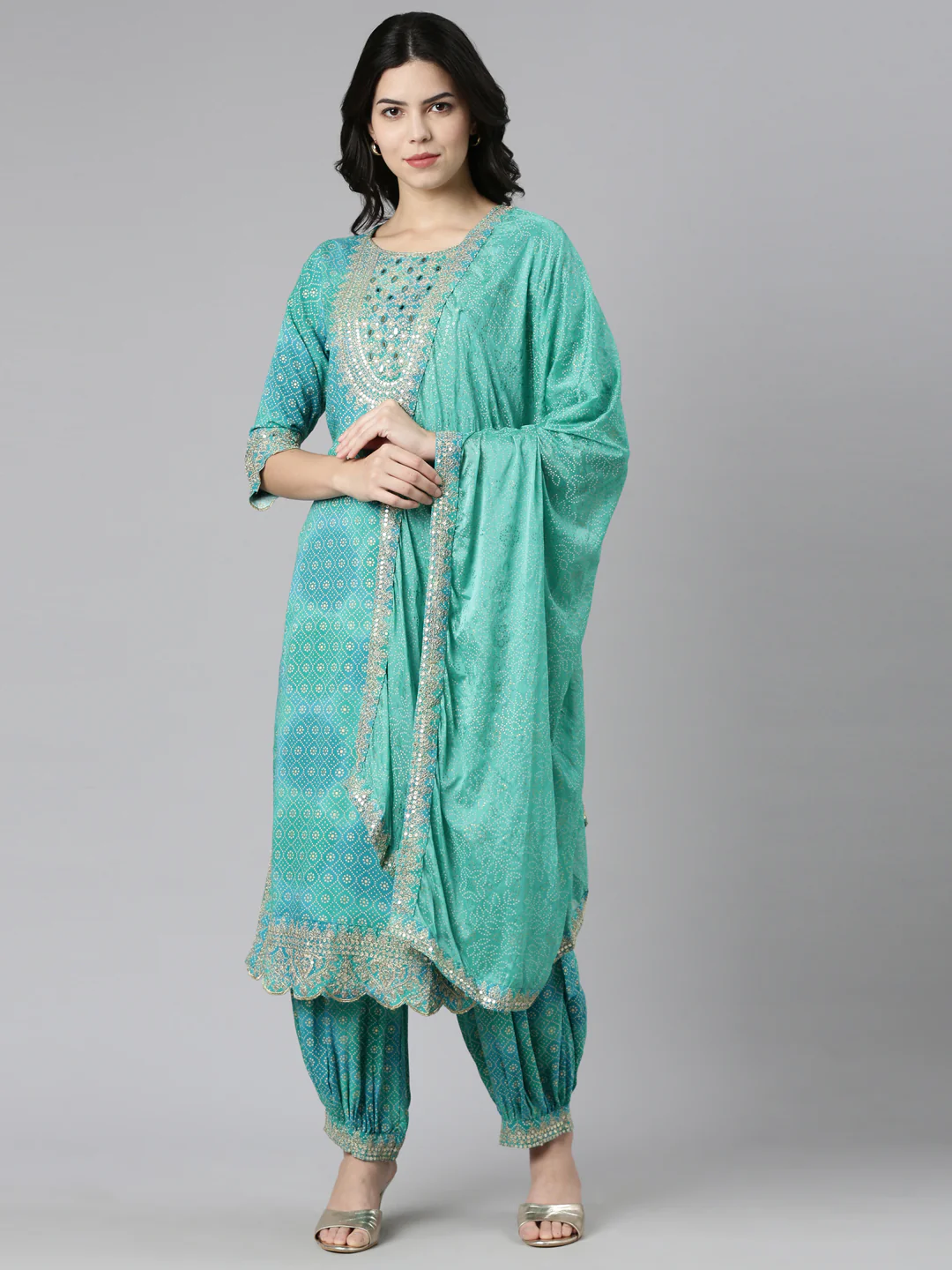 Neerus Green Regular Straight Printed Kurta And Salwar With Dupatta