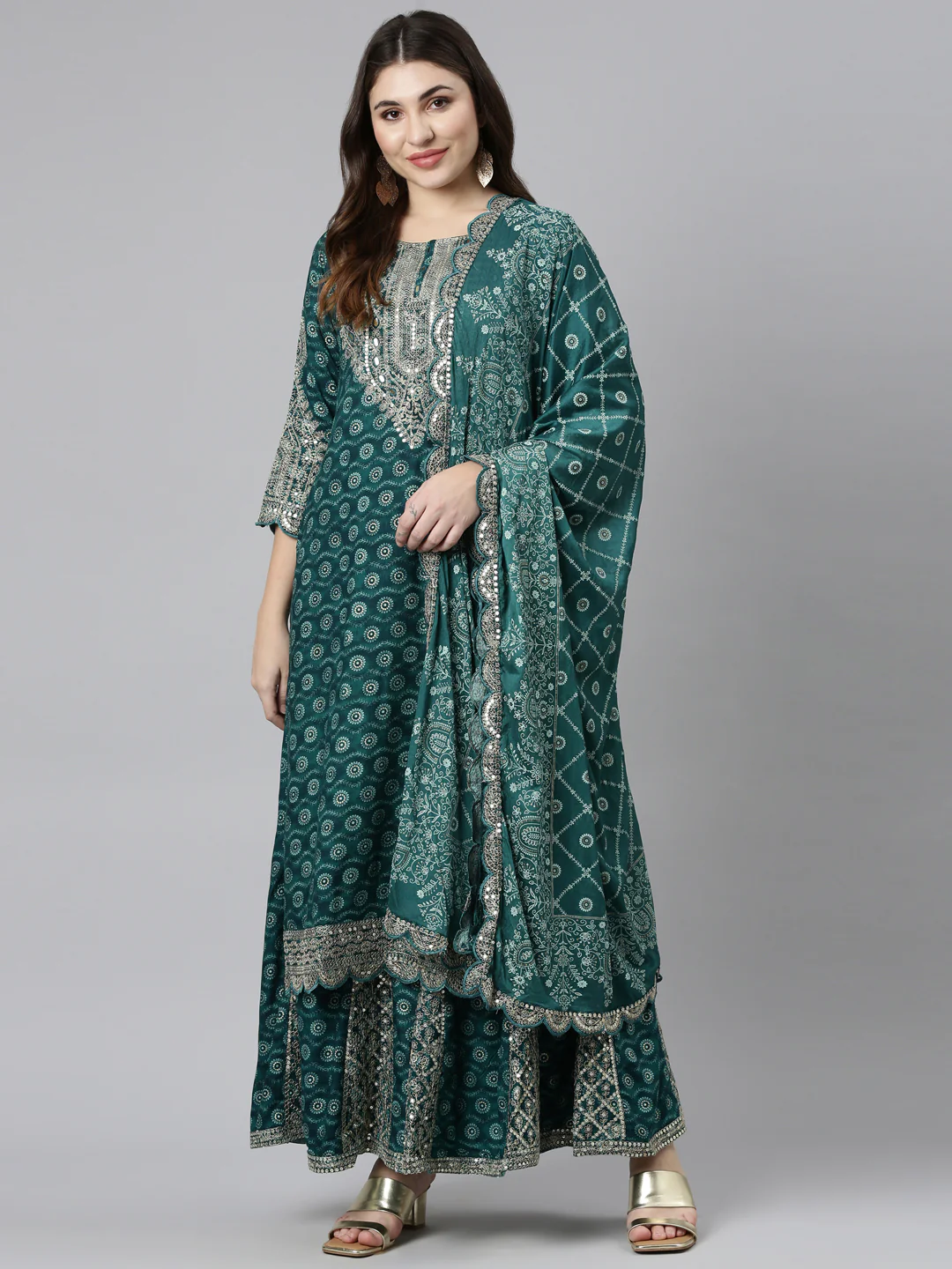 Neerus Green Regular Straight Printed Kurta And Sharara With Dupatta - Image 5
