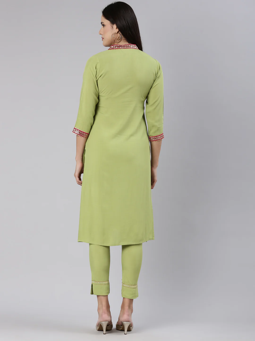 Neerus Green Regular Straight Solid Kurta And Trousers - Image 3