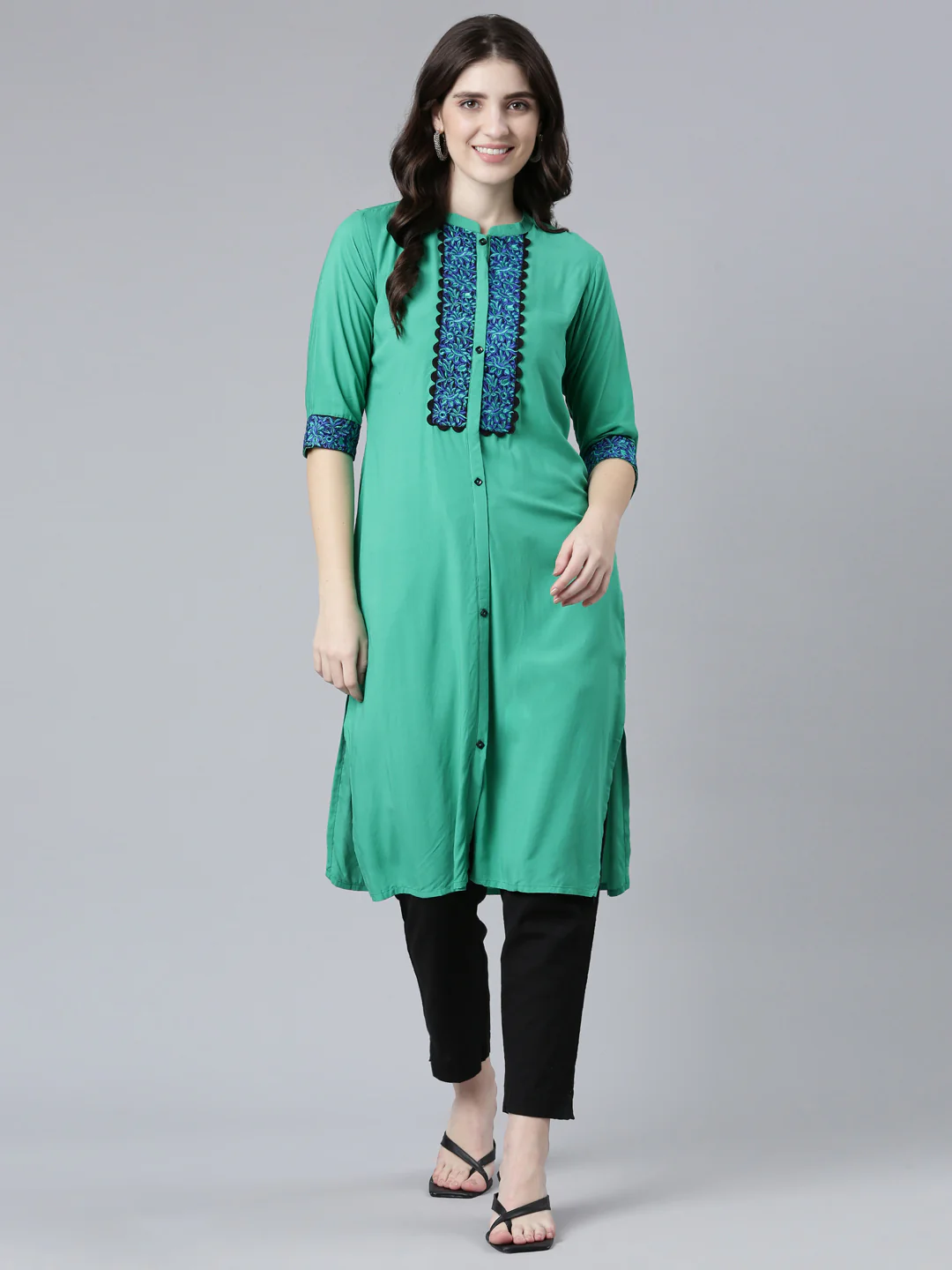 Neerus Green Regular Straight Solid Kurta - Image 5