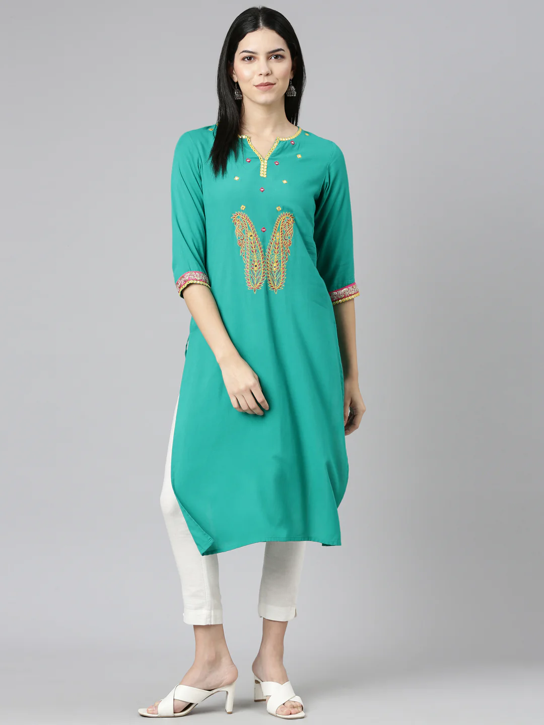 Neerus Green Regular Straight Solid Kurta - Image 5