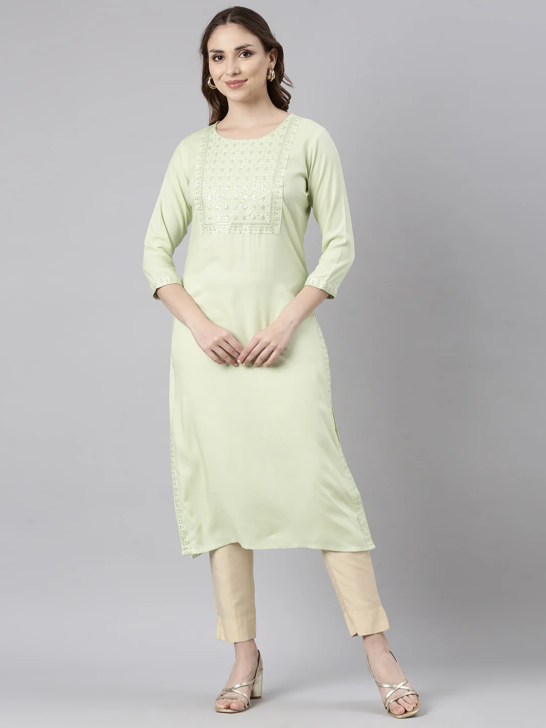 Neerus Green Regular Straight Solid Kurta