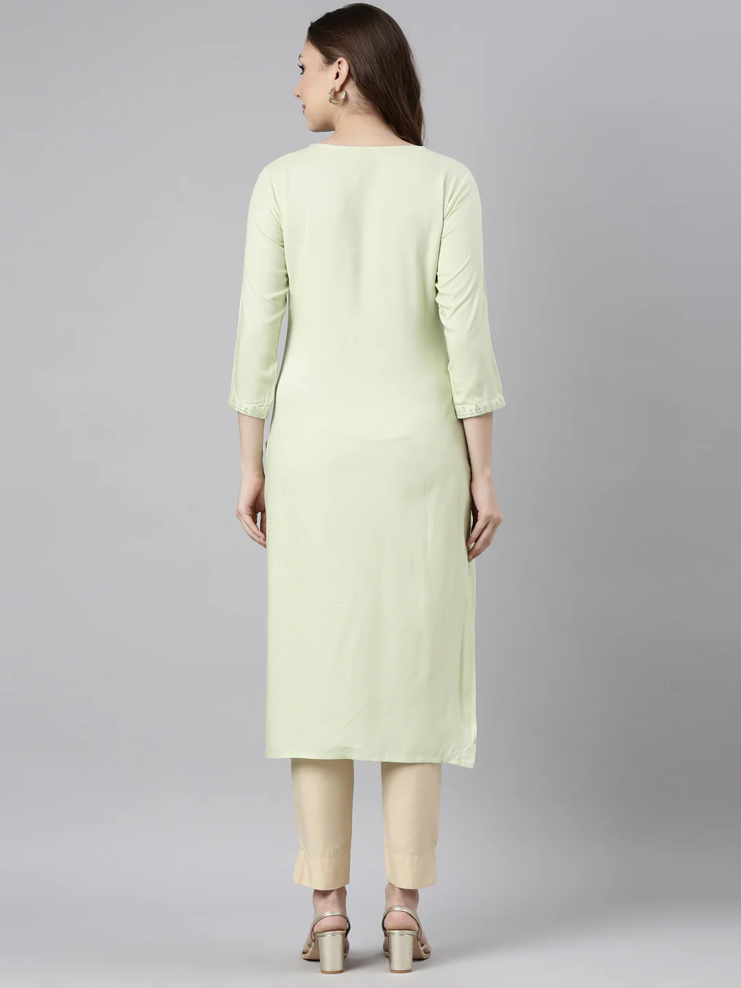 Neerus Green Regular Straight Solid Kurta - Image 3