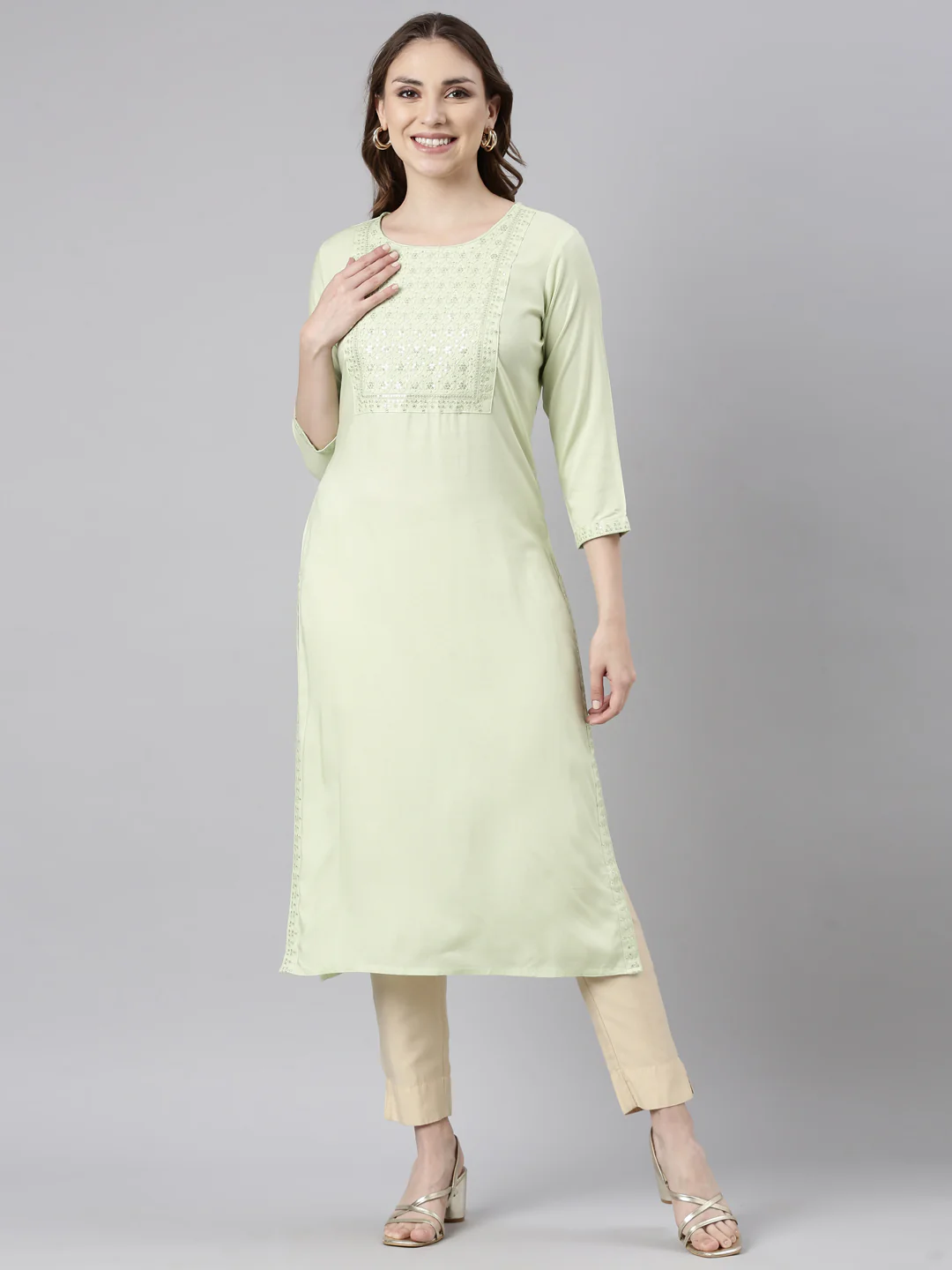 Neerus Green Regular Straight Solid Kurta - Image 5