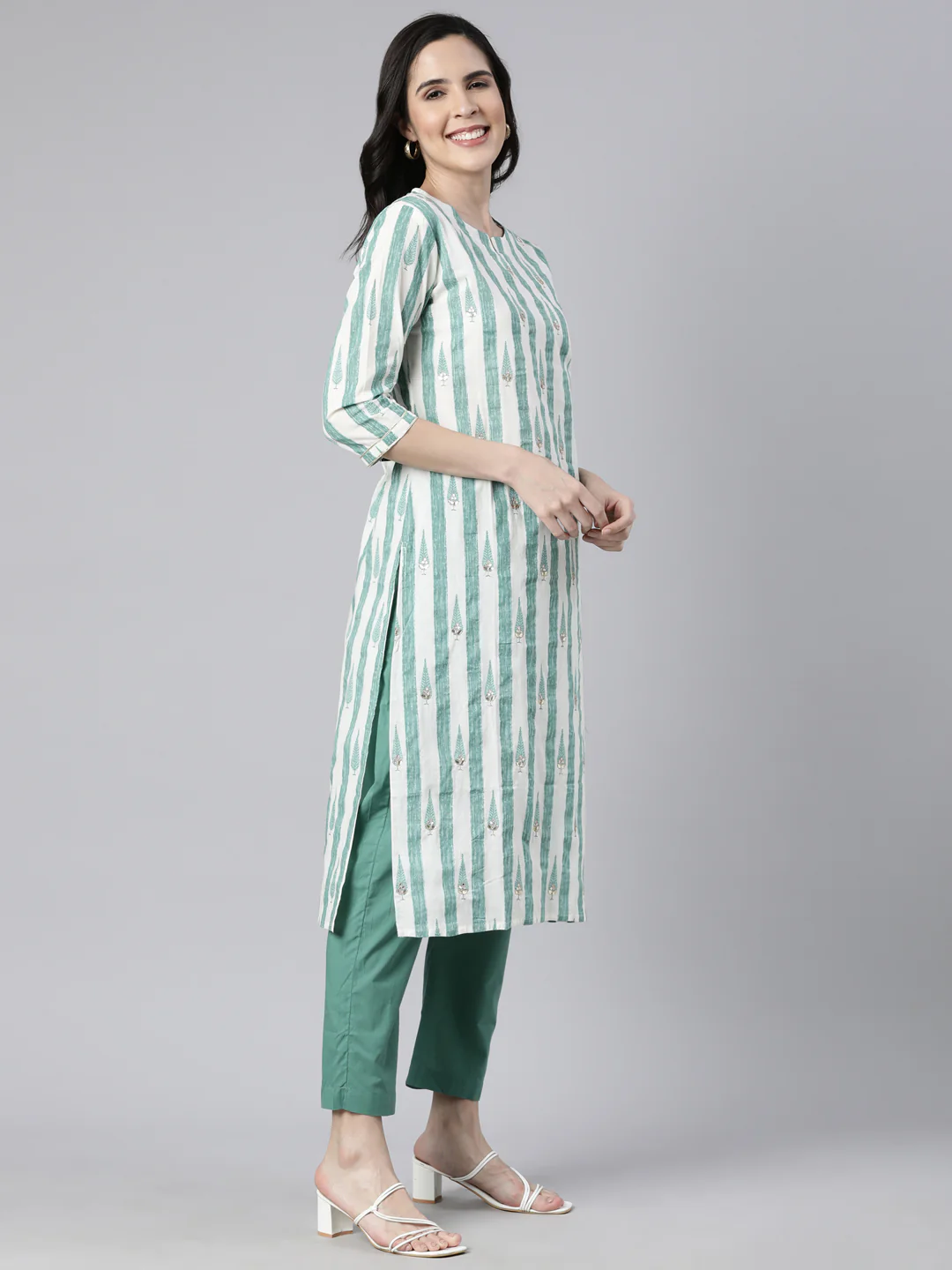 Neerus Green Regular Straight Striped Kurta And  Trousers With Dupatta - Image 2