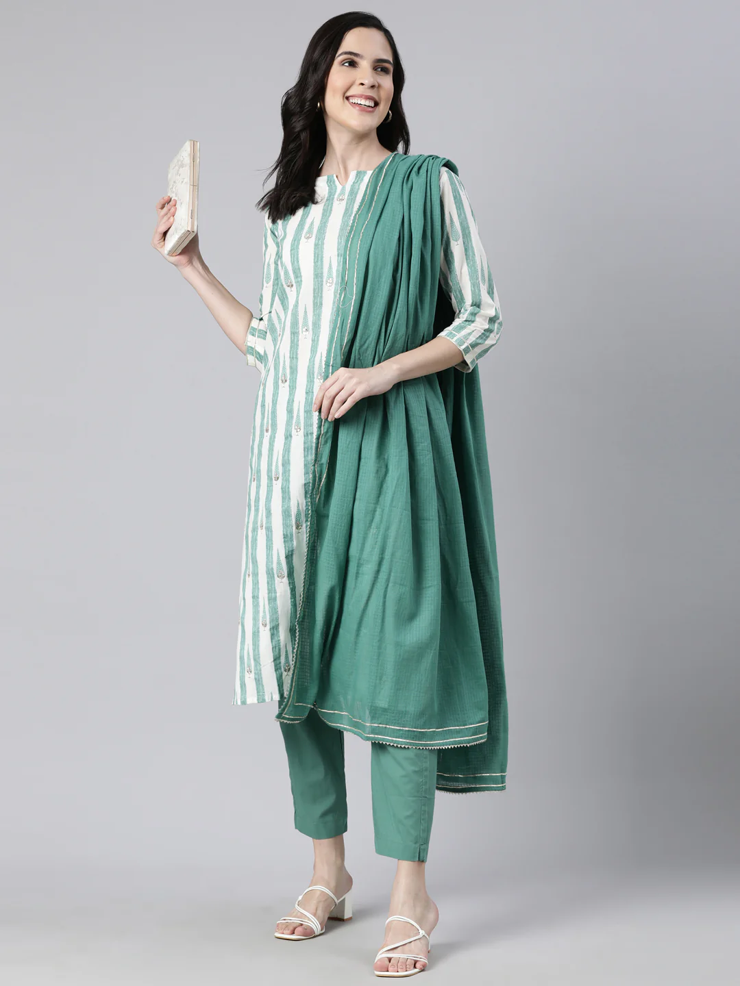Neerus Green Regular Straight Striped Kurta And  Trousers With Dupatta - Image 5