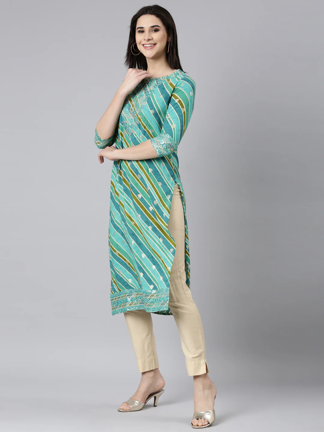 Neerus Green Regular Straight Striped Kurta - Image 2