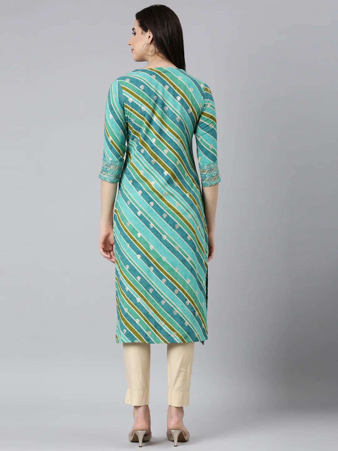 Neerus Green Regular Straight Striped Kurta - Image 3