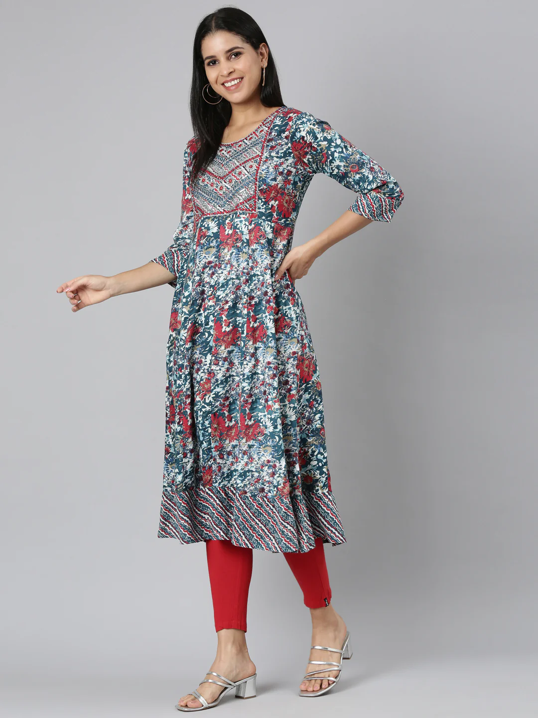 Neerus Green Casual Floral Anarkali Kurta - Image 8