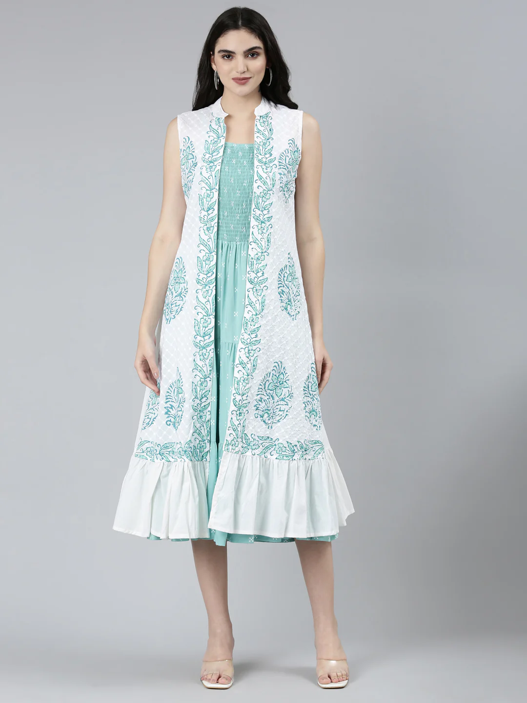 Neerus Green Straight Casual Floral Dresses