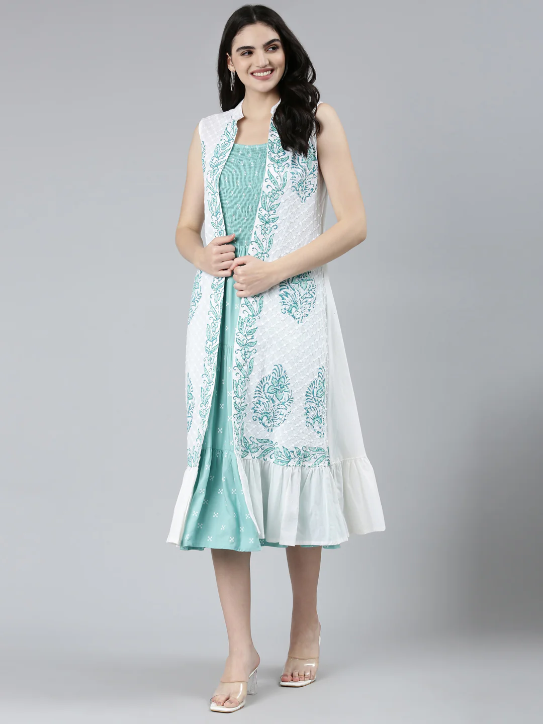 Neerus Green Straight Casual Floral Dresses - Image 5