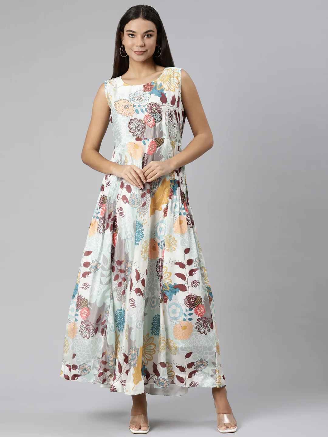 Neerus Green Straight Casual Floral Dresses - Image 5