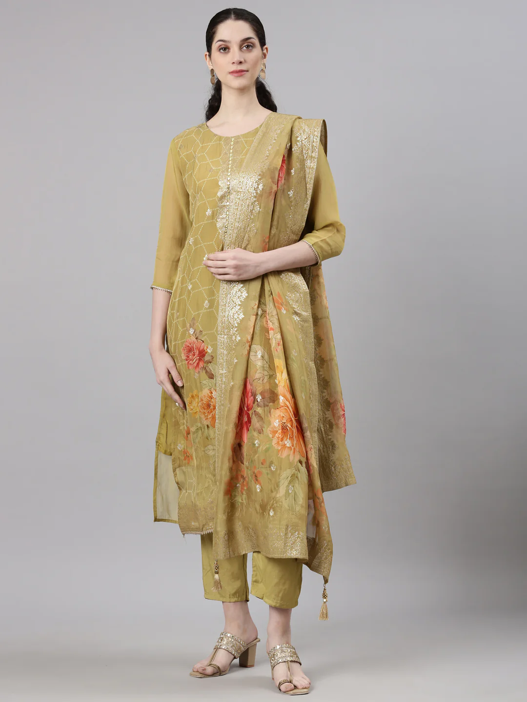 Neerus Green Straight Casual Floral Kurta and Trouser with Dupatta