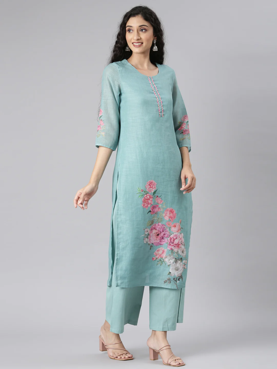 Neerus Green Straight Casual Floral Kurta and plazzo with Dupatta - Image 3