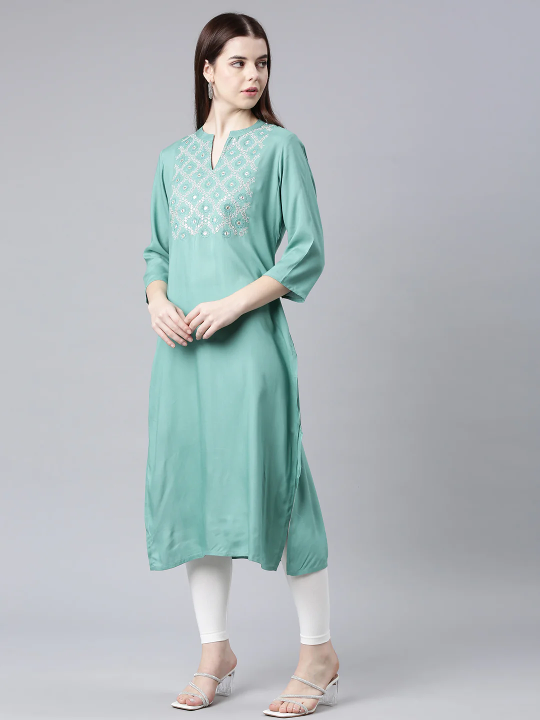 Neerus Green Straight Casual Floral Straight Kurta - Image 2
